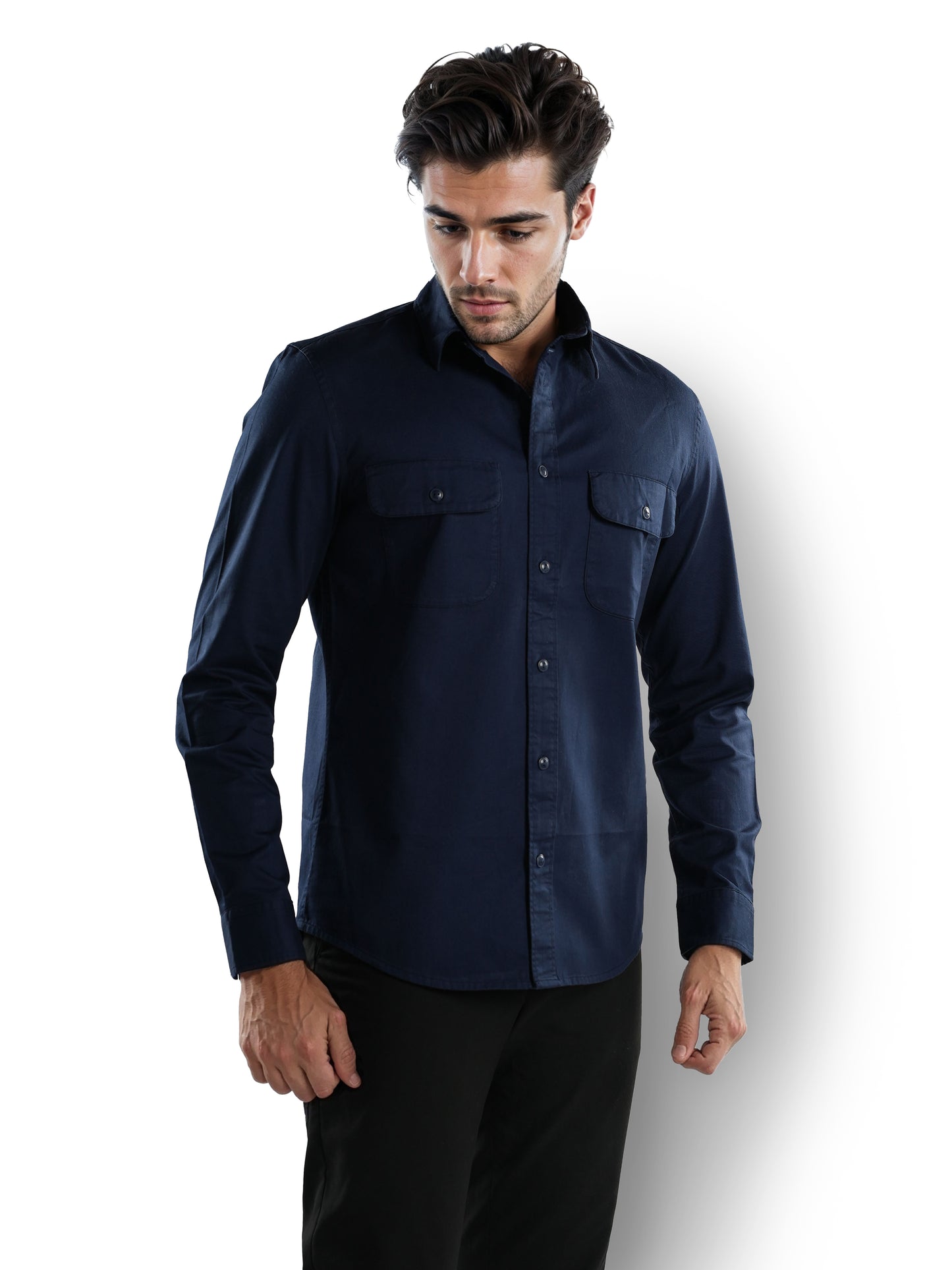 Navy Blue Solid Cotton Shirt