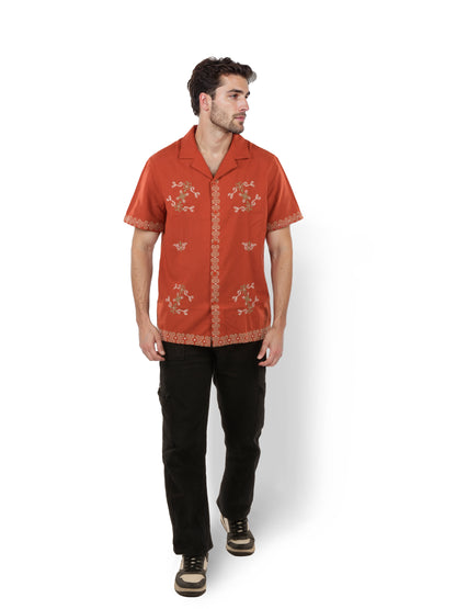 Red Embroidered Linen Shirt