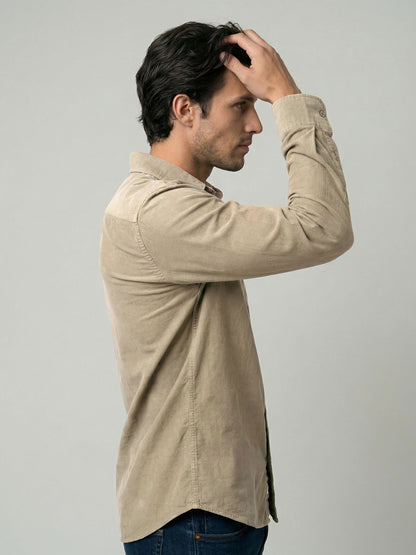 Celio Mens Beige Corduroy Regular Fit Cotton Shirts