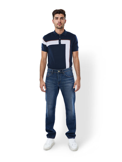 Navy Blue Colourblock Cotton Polo