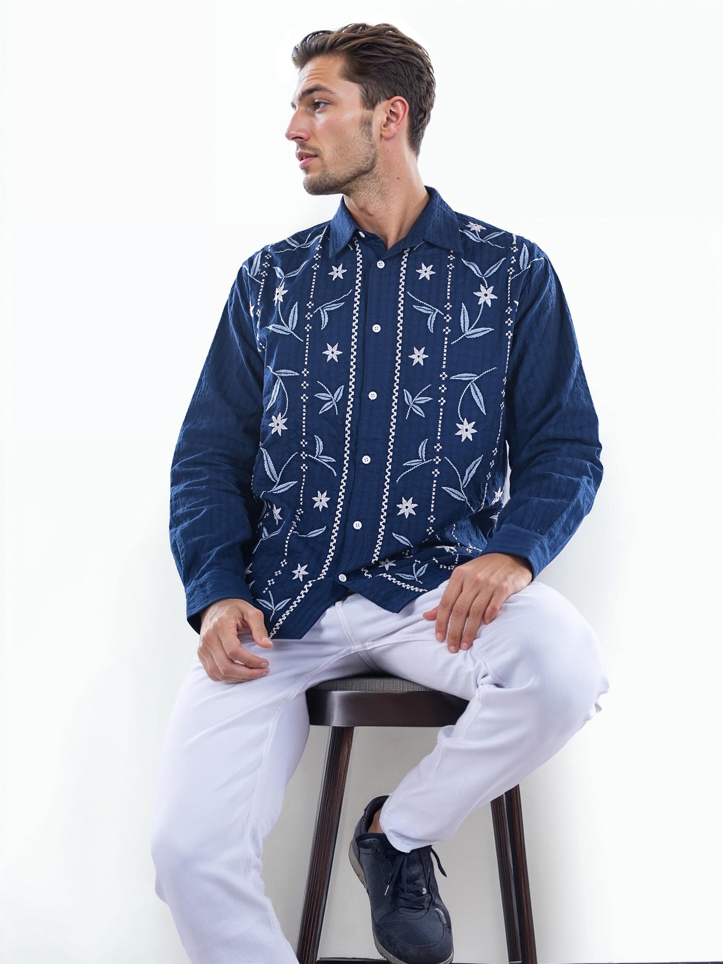 Blue Embroidered Cotton Shirt