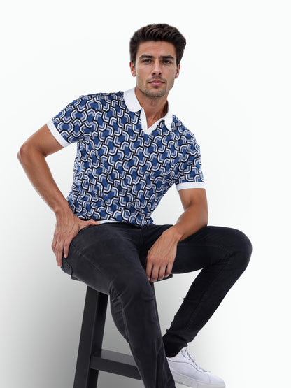 Blue Printed Cotton Polo