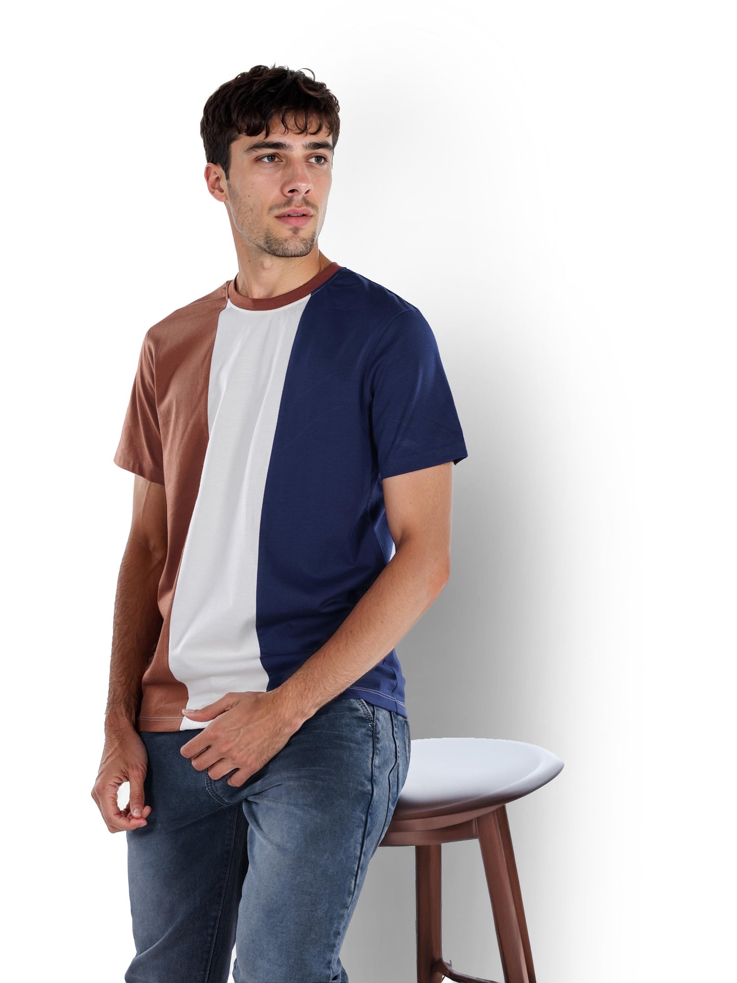 Navy Blue Colourblock Cotton T-shirt