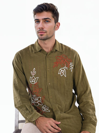 Green Embroidered Cotton Shirt