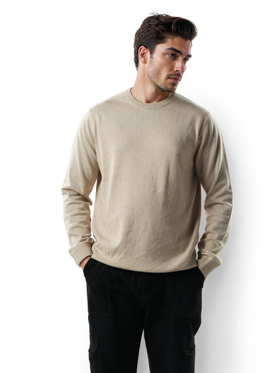 Celio* Solid Regular Fit Cotton Beige Sweater