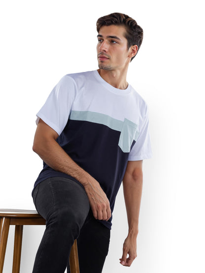 Blue Colourblock Cotton T-shirt