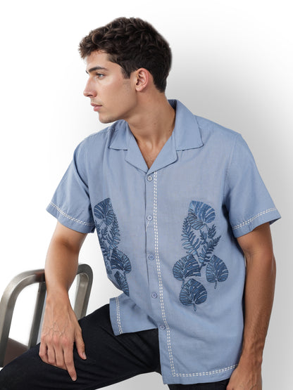 Blue Embroidered Cotton Shirt