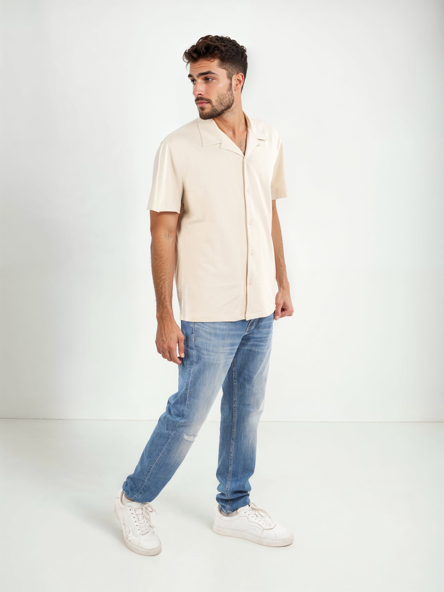 Beige Solid Cotton Shirt