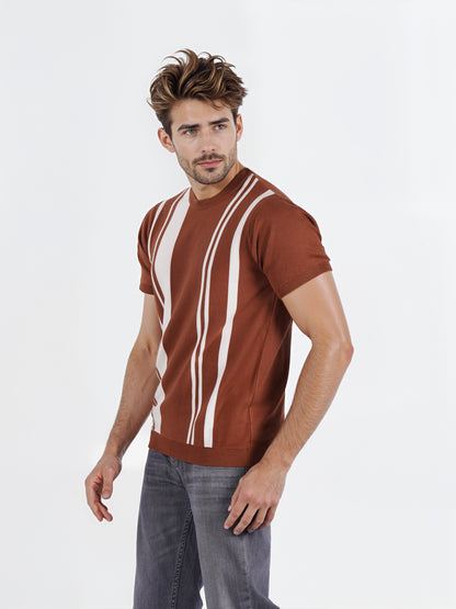 Celio* Men Brown Striped Regular Fit Cotton T-shirt
