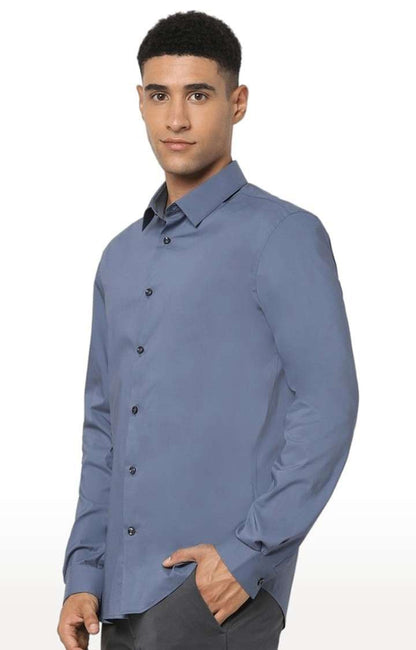 Celio* Solid Regular Fit Cotton-Blend Blue Shirt