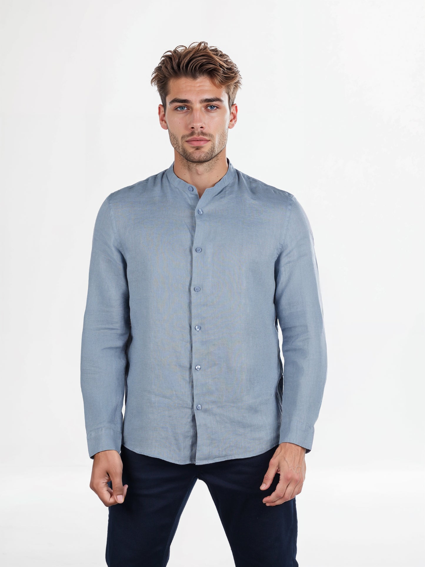 Celio* Solid Regular Fit Linen Blue Shirt