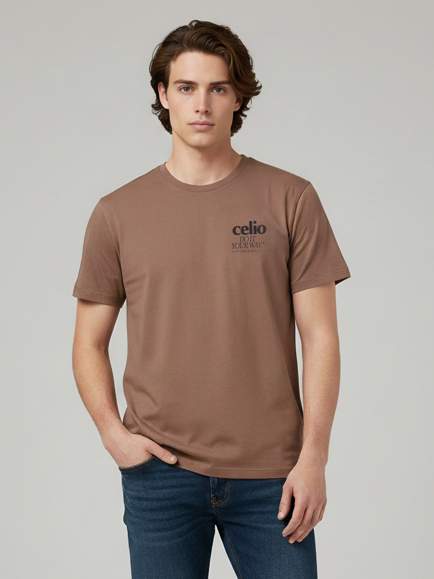 Celio* Men Brown Printed Regular Fit Cotton T-Shirts