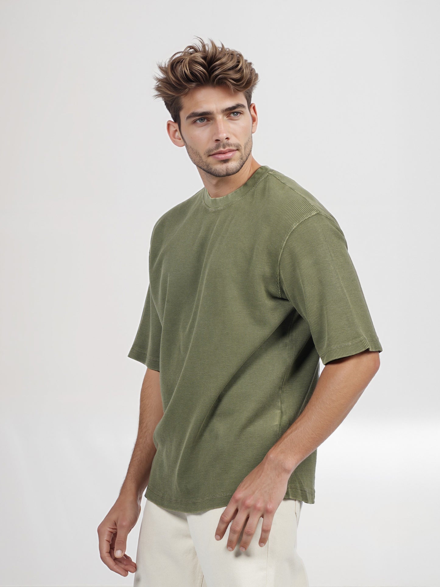 Celio* Men Khaki Solid Oversized Cotton T-shirt