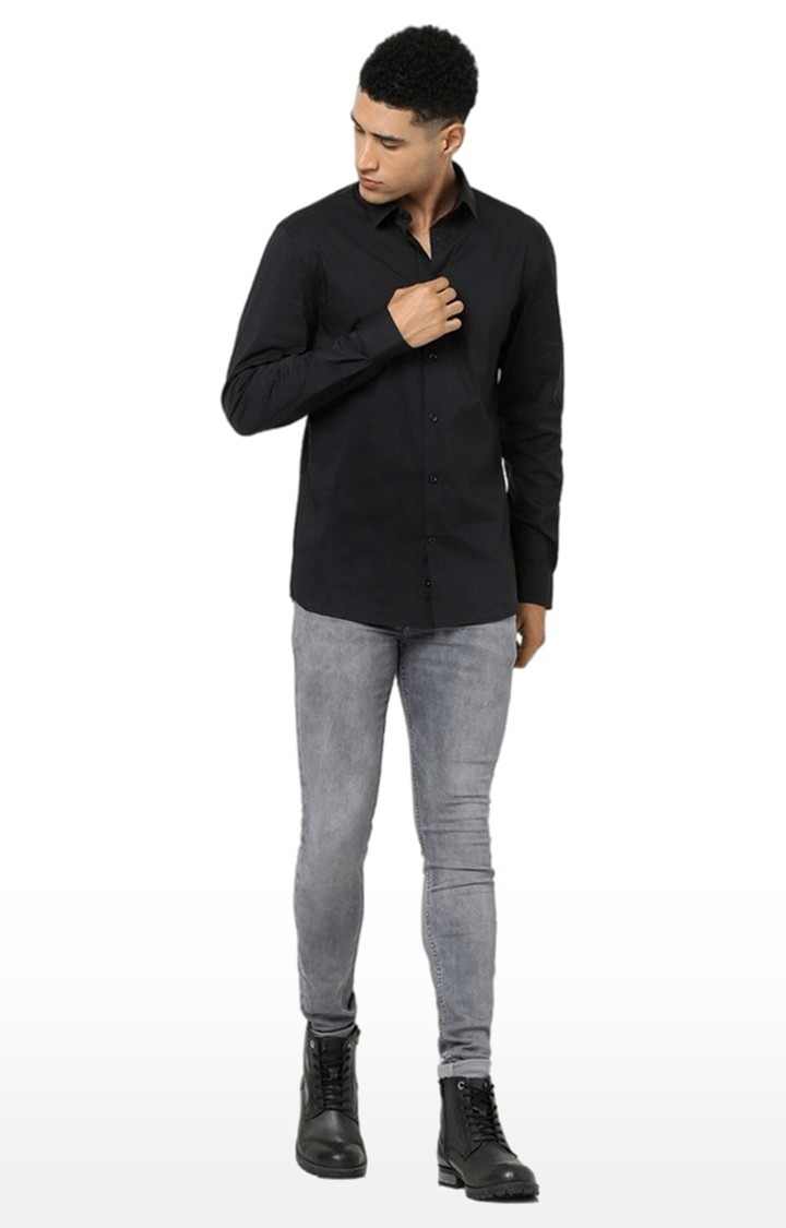 Celio* Cotton Blend Men Black Regular Fit Solid Shirt