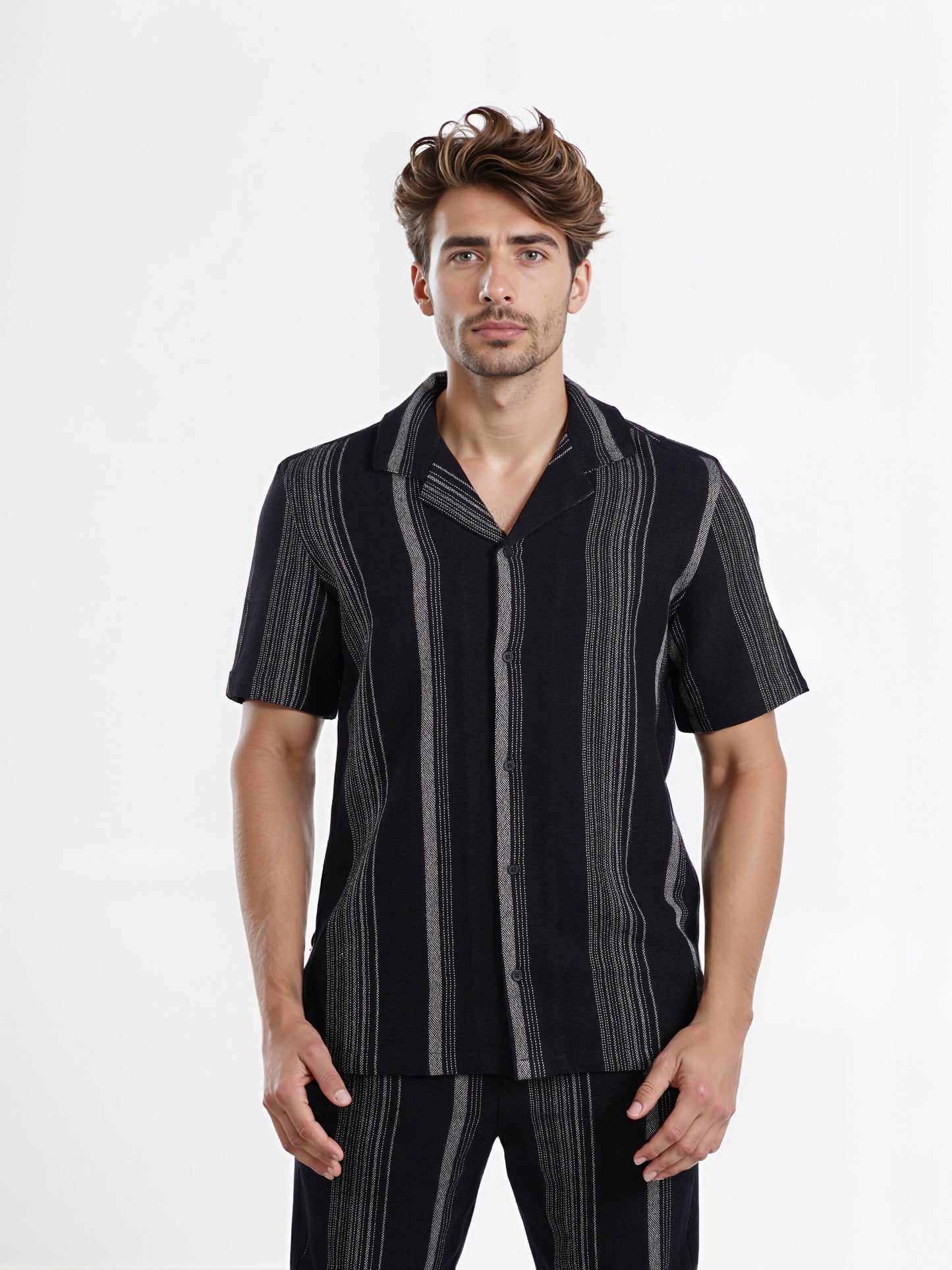 Celio* Men Black Striped Regular Fit Cotton Fashion Shirt