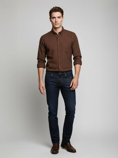 Celio* Men Brown Striped Regular Fit Cotton Shirts