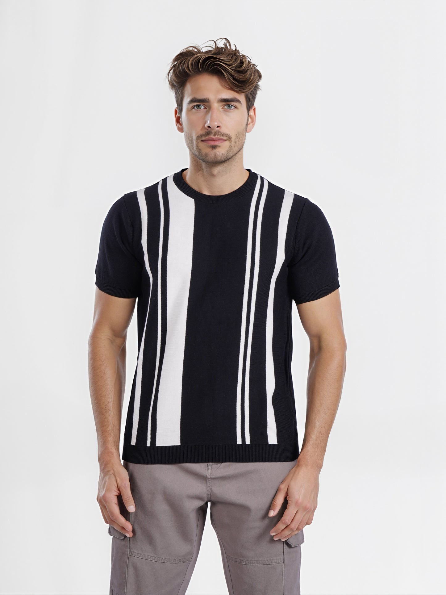 Celio* Men Black Striped Regular Fit Cotton T-shirt