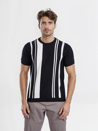 Celio* Men Black Striped Regular Fit Cotton T-shirt