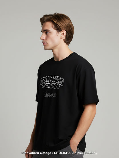 Celio Men Black Printed Oversized Cotton Demon Slayer T-Shirt