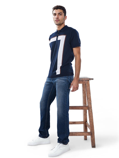 Navy Blue Colourblock Cotton Polo