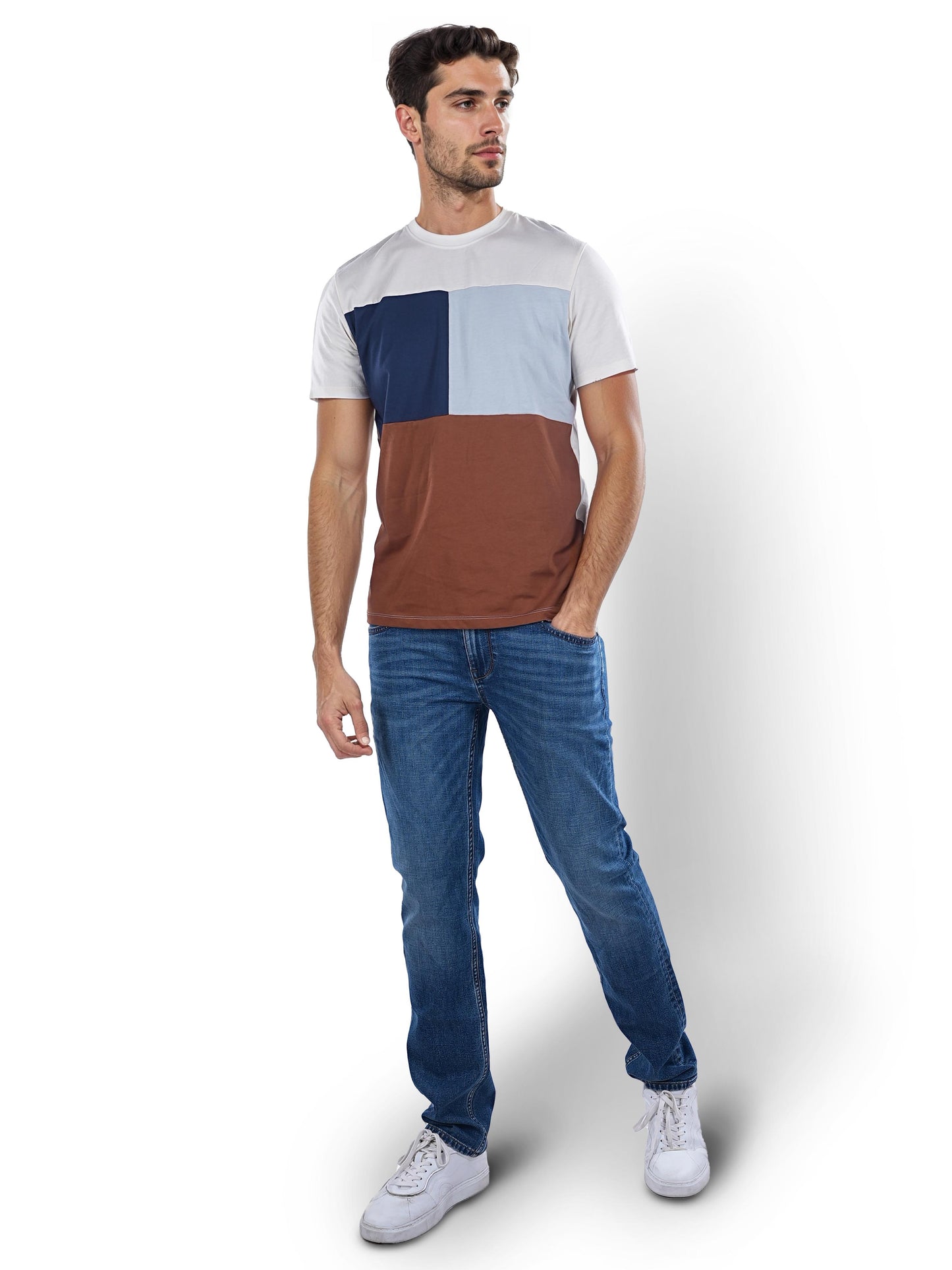 Beige Colourblock Cotton T-shirt