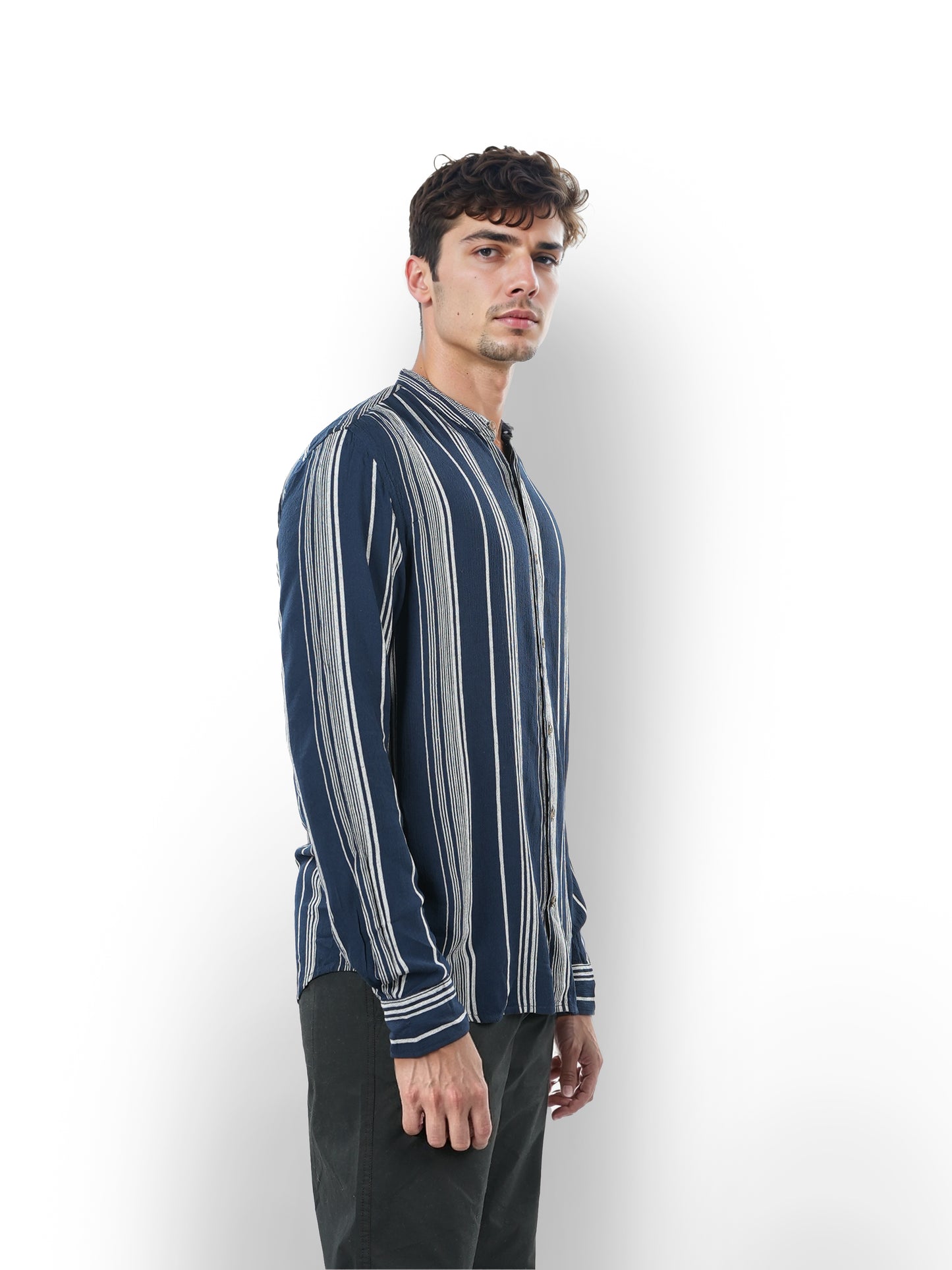 Navy Blue Striped Viscose Shirt