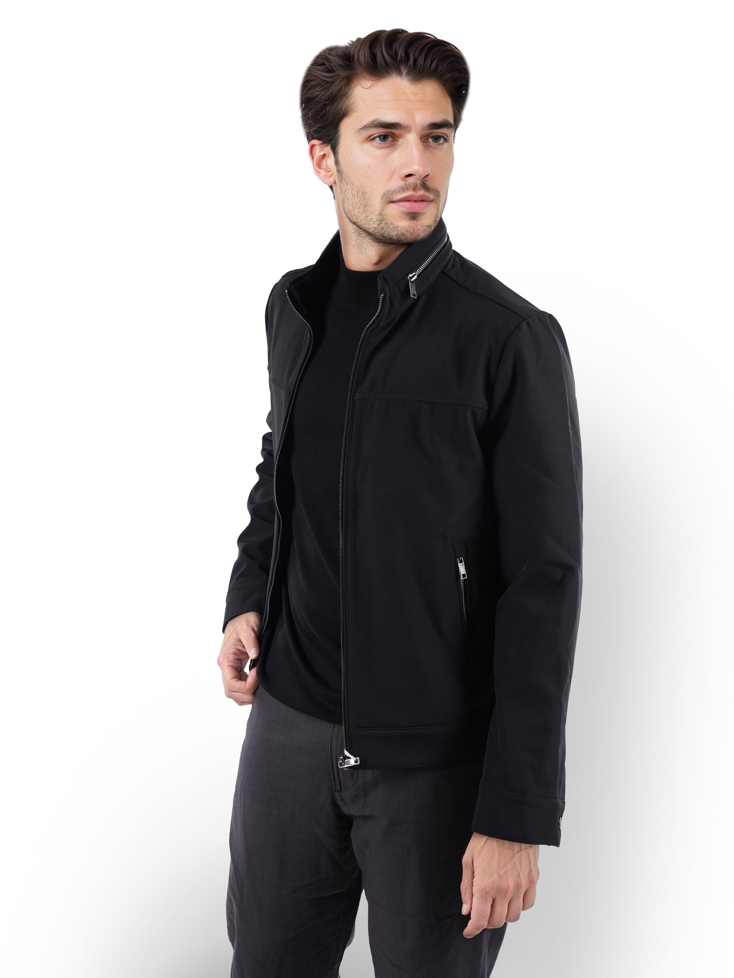 Black Solid Polyester Jacket