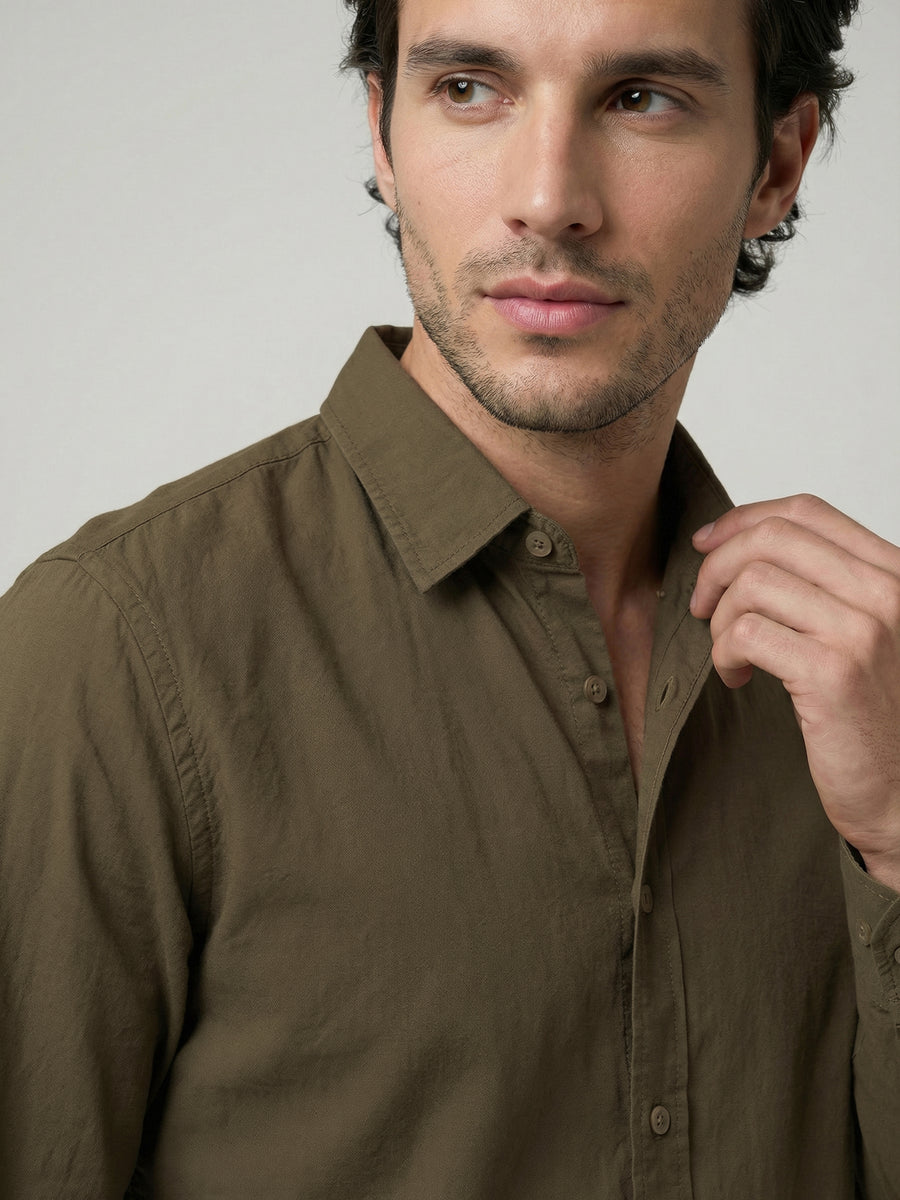 Celio Mens Olive Solid Regular Fit Cotton Shirts