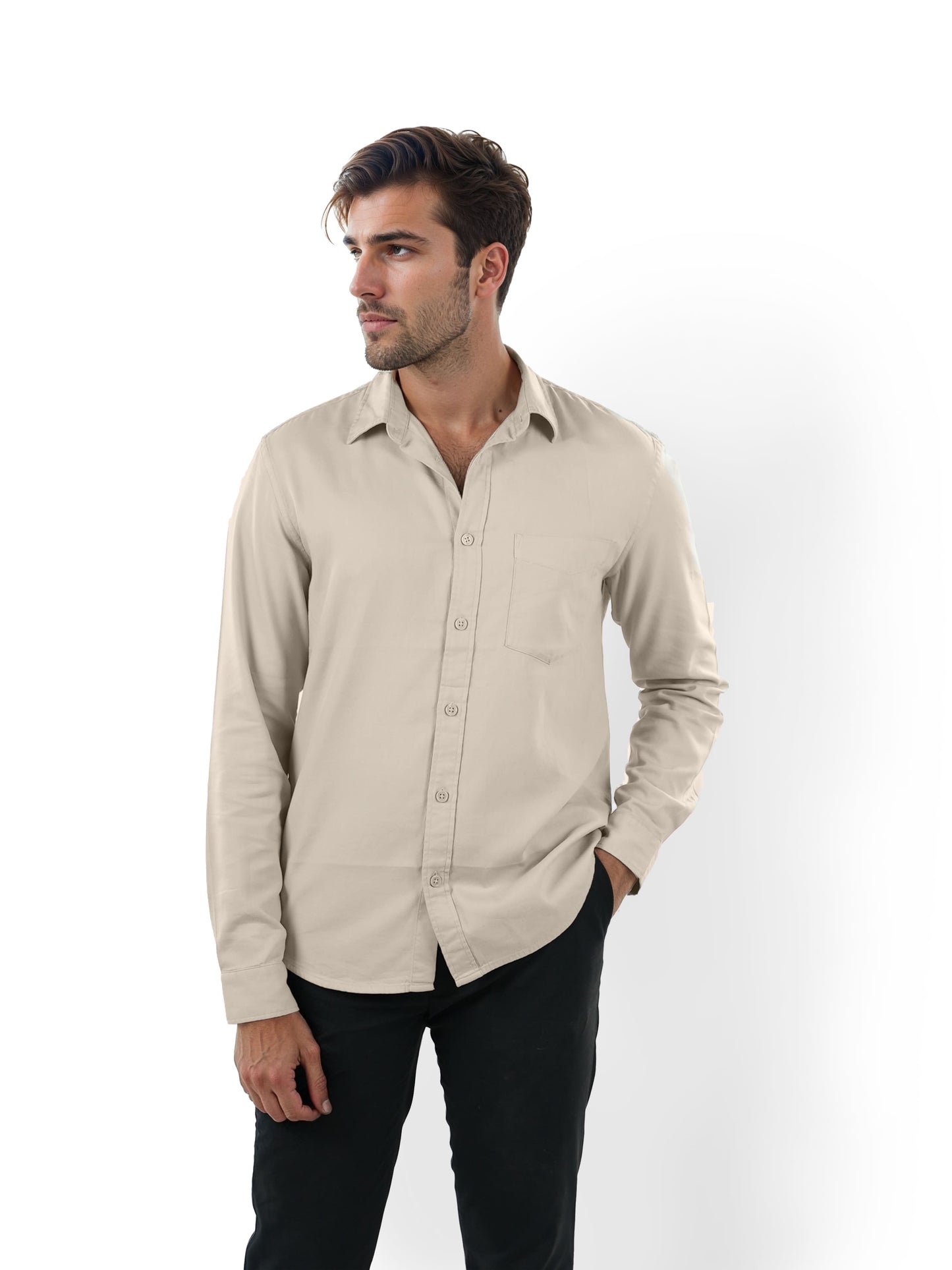 Beige Solid Cotton Shirt