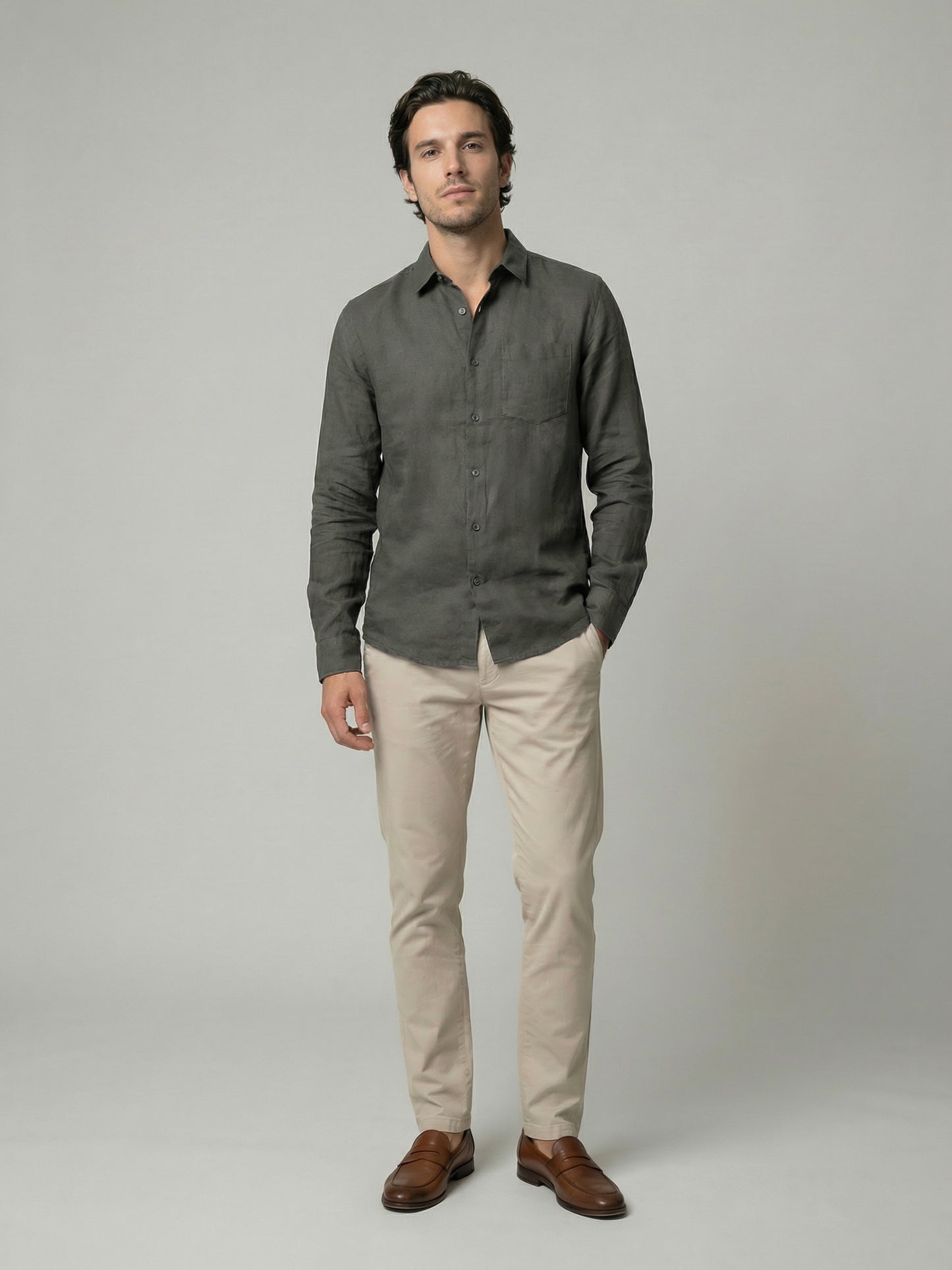 Celio Mens Khaki Solid Regular Fit Linen Shirts