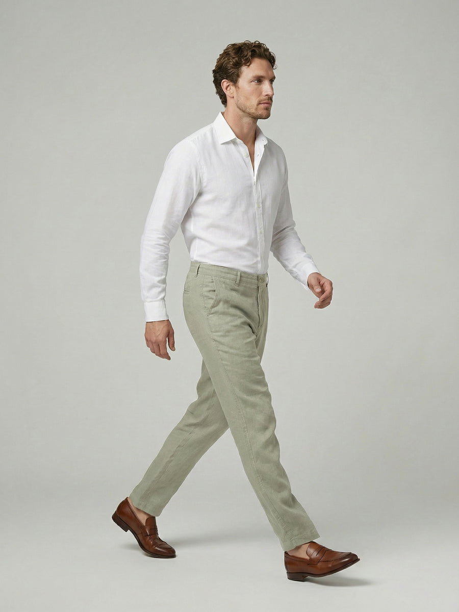Celio Mens Green Solid Straight Fit Linen Casual Trouser