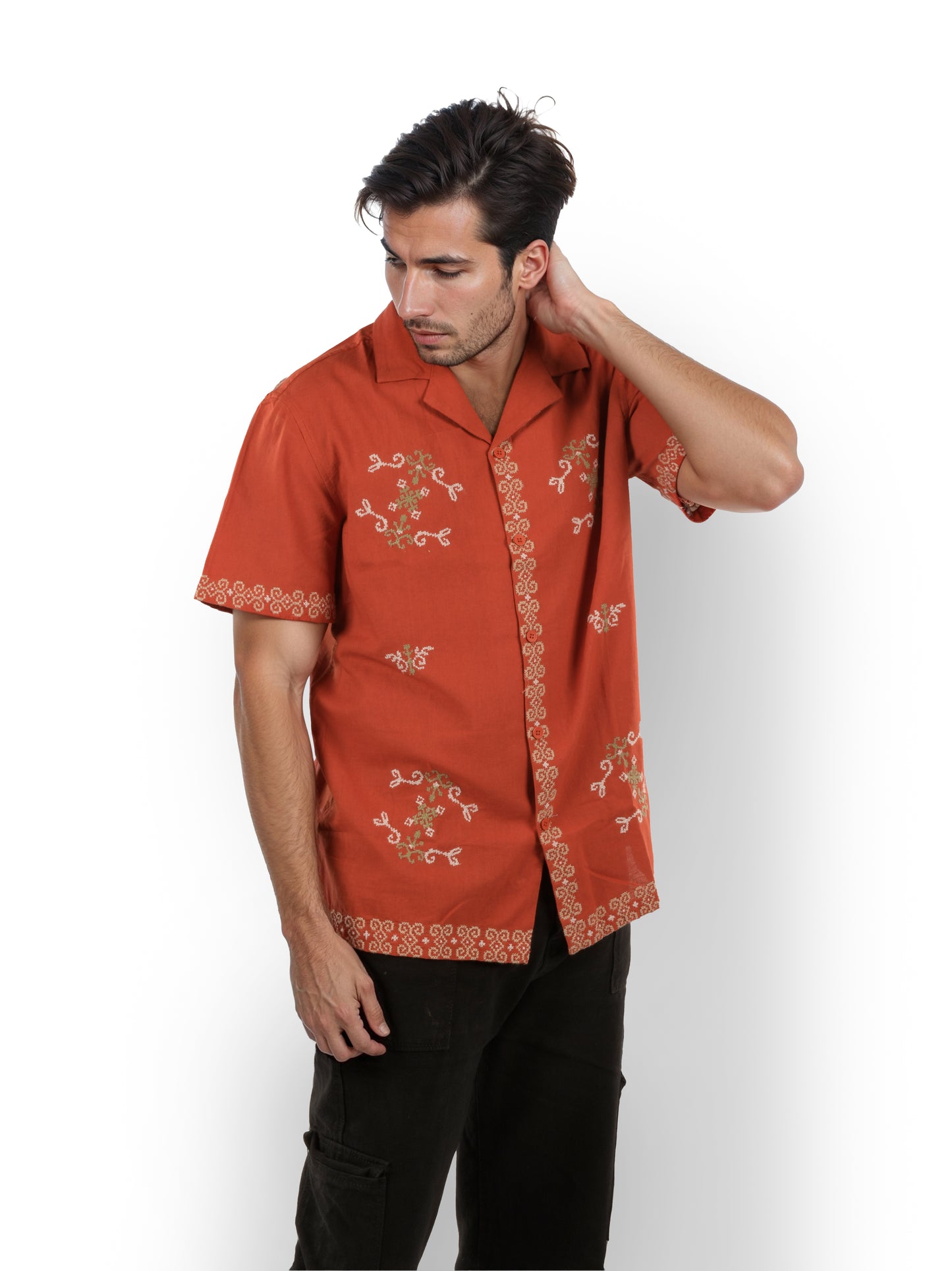 Red Embroidered Linen Shirt