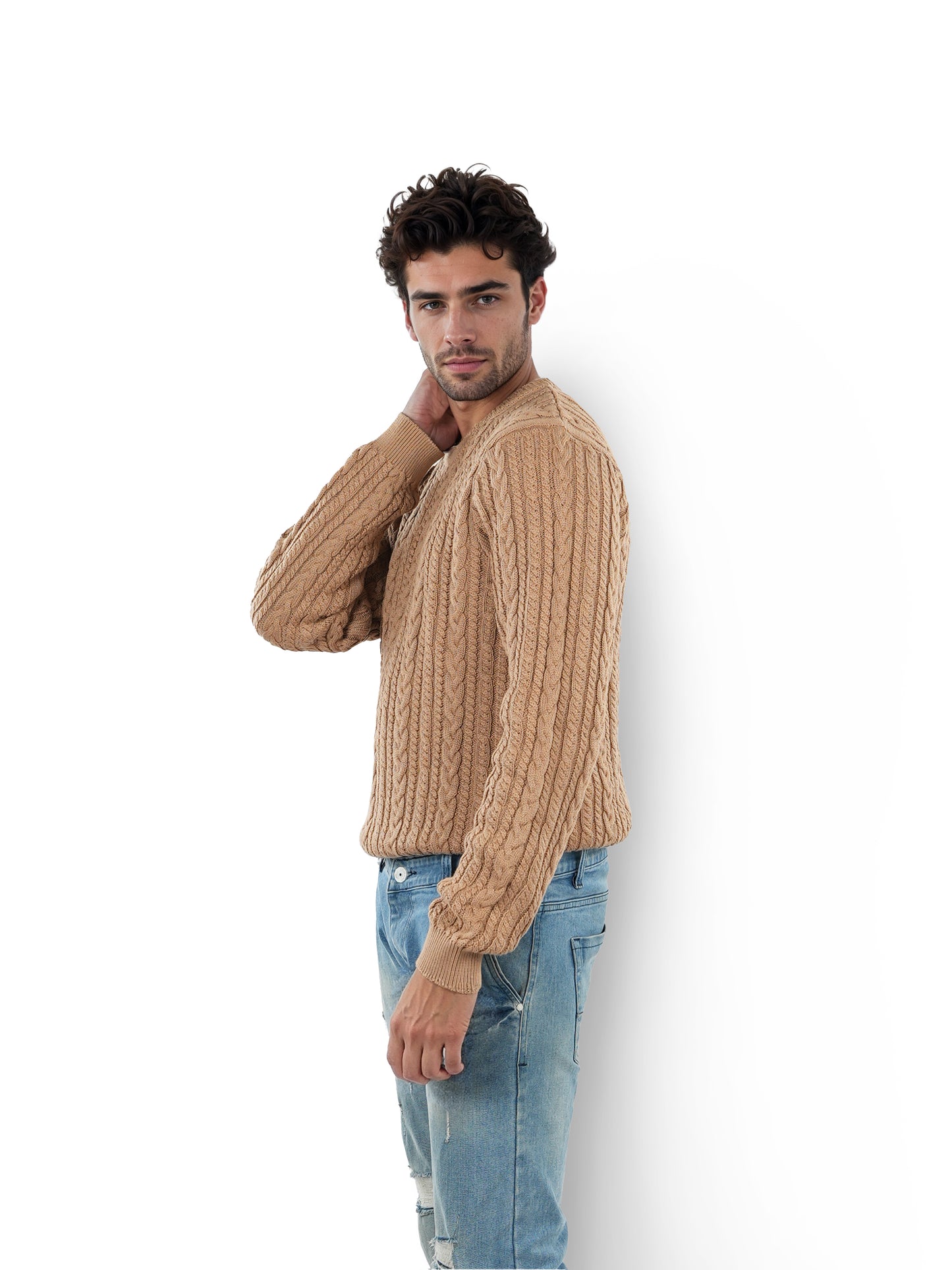 Beige Solid Cotton Sweater