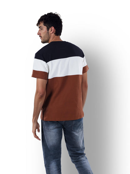 Brown Colourblock Cotton T-shirt