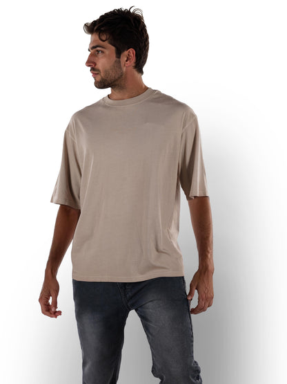 Beige Solid Cotton T-shirt