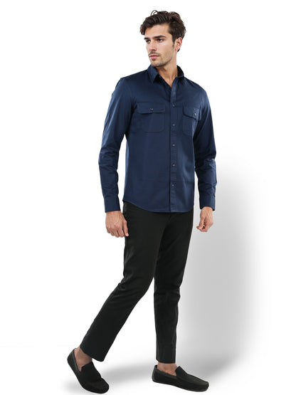 Navy Blue Solid Cotton Shirt