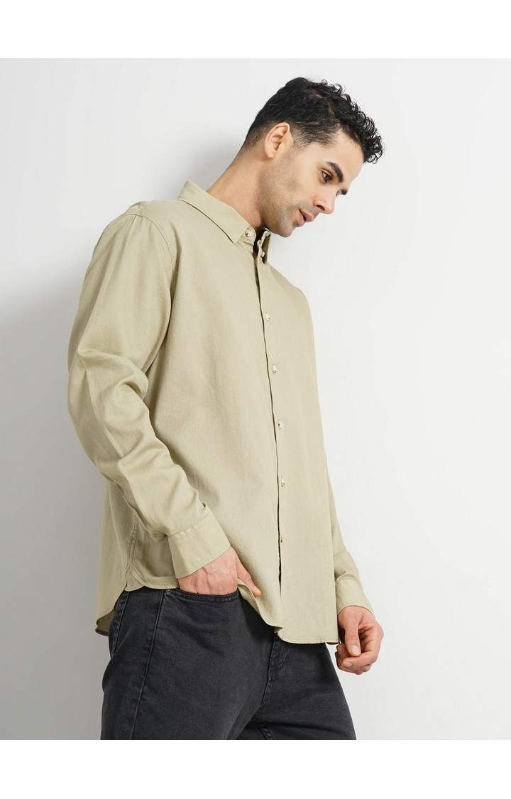 Celio* Solid Regular Fit Cotton Olive Shirt
