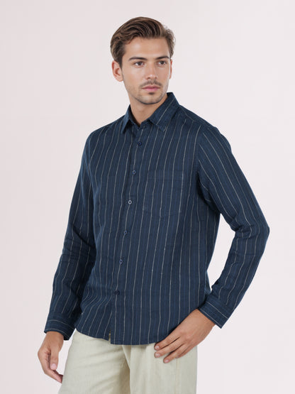 Celio* Men Navy Blue Striped Regular Fit Linen Shirts