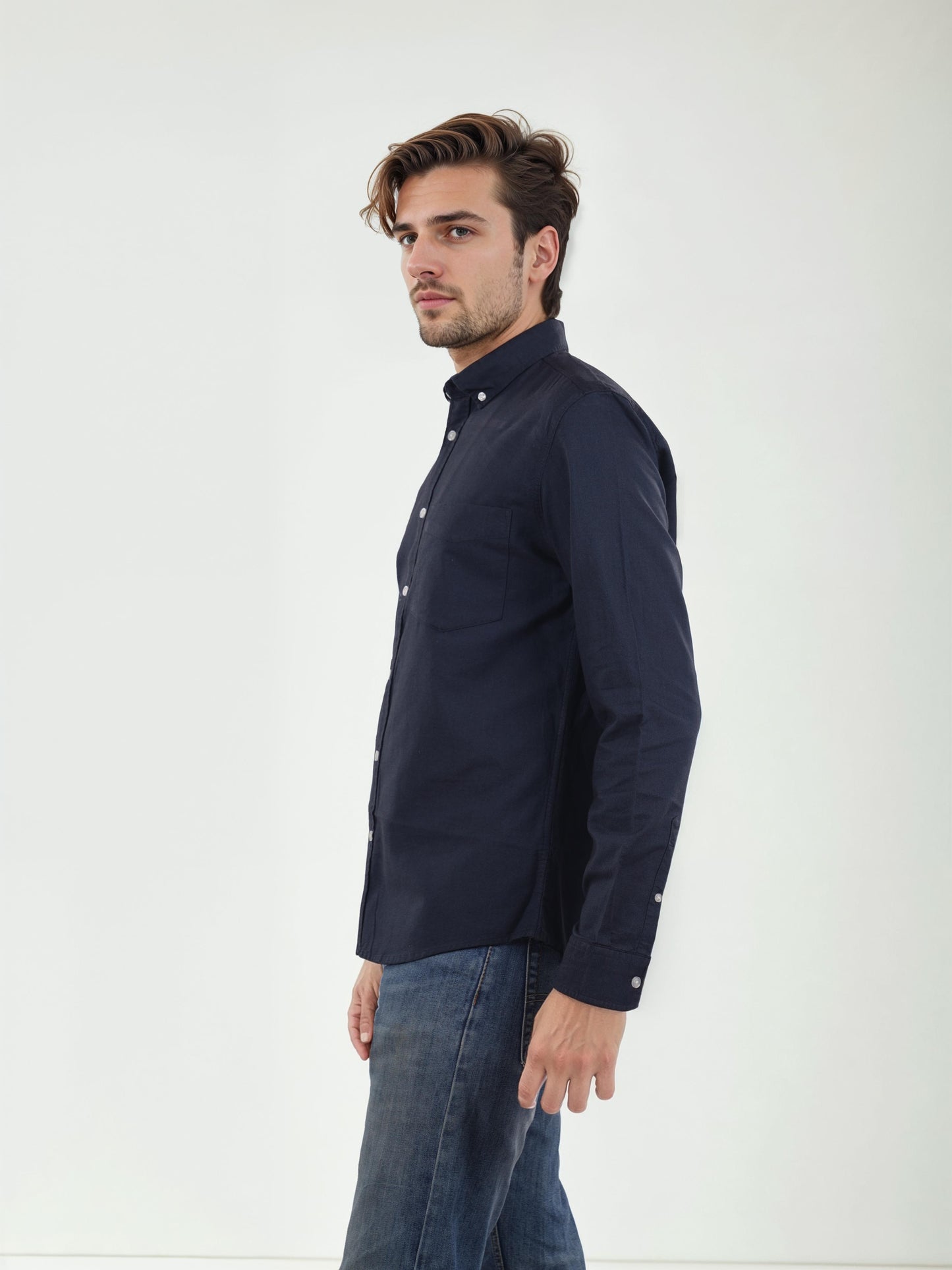 Navy Blue Solid Cotton Shirt