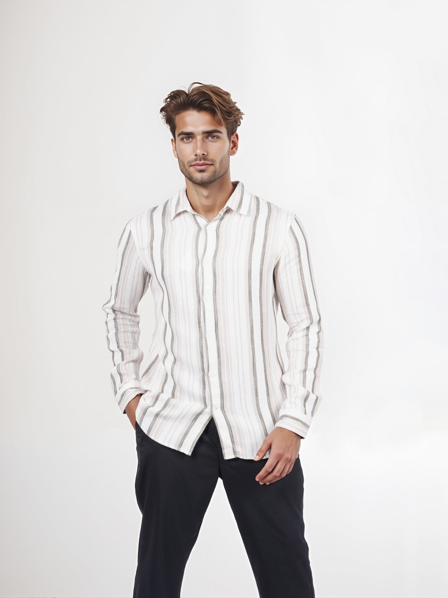 Celio* Men Beige Striped Regular Fit Cotton Shirt
