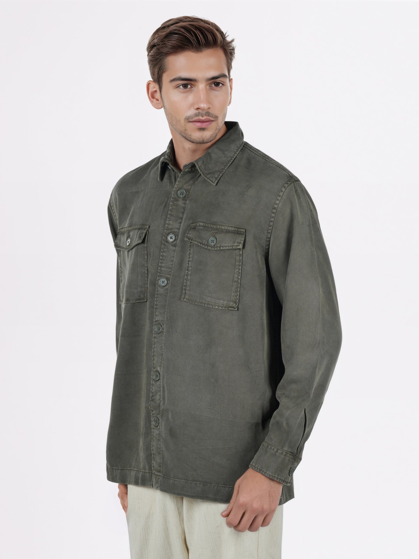 Celio* Men Olive Solid Overshirt Cotton-Tencel-Blend Shirts