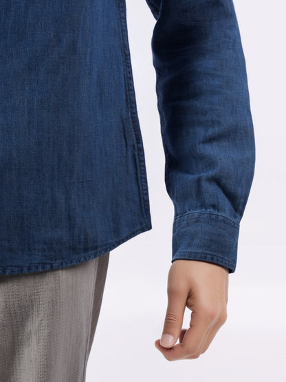 Celio* Men Blue Solid Regular Fit Cotton-Linen-Blend Shirts