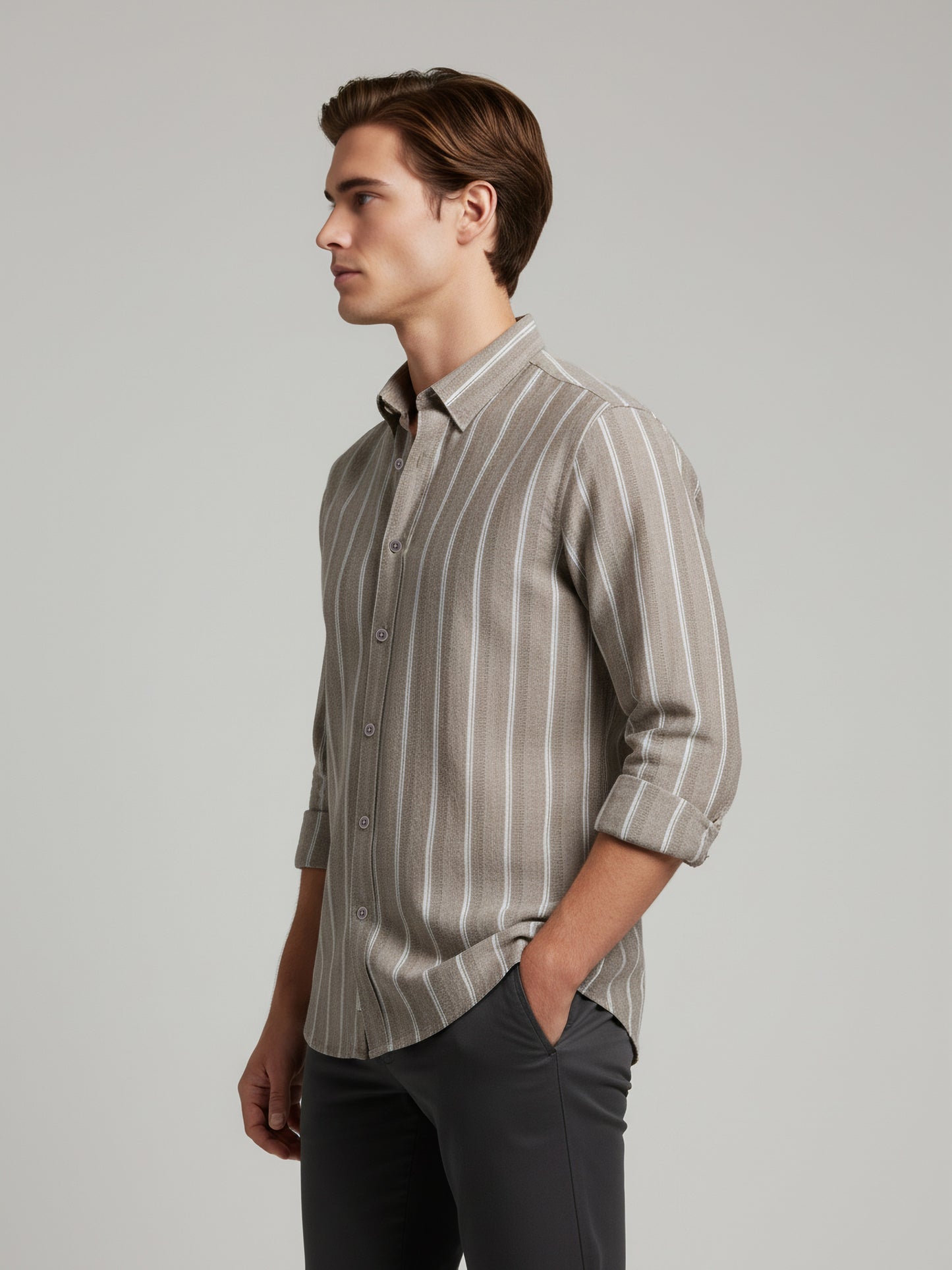Celio* Men Beige Striped Regular Fit Cotton Shirts