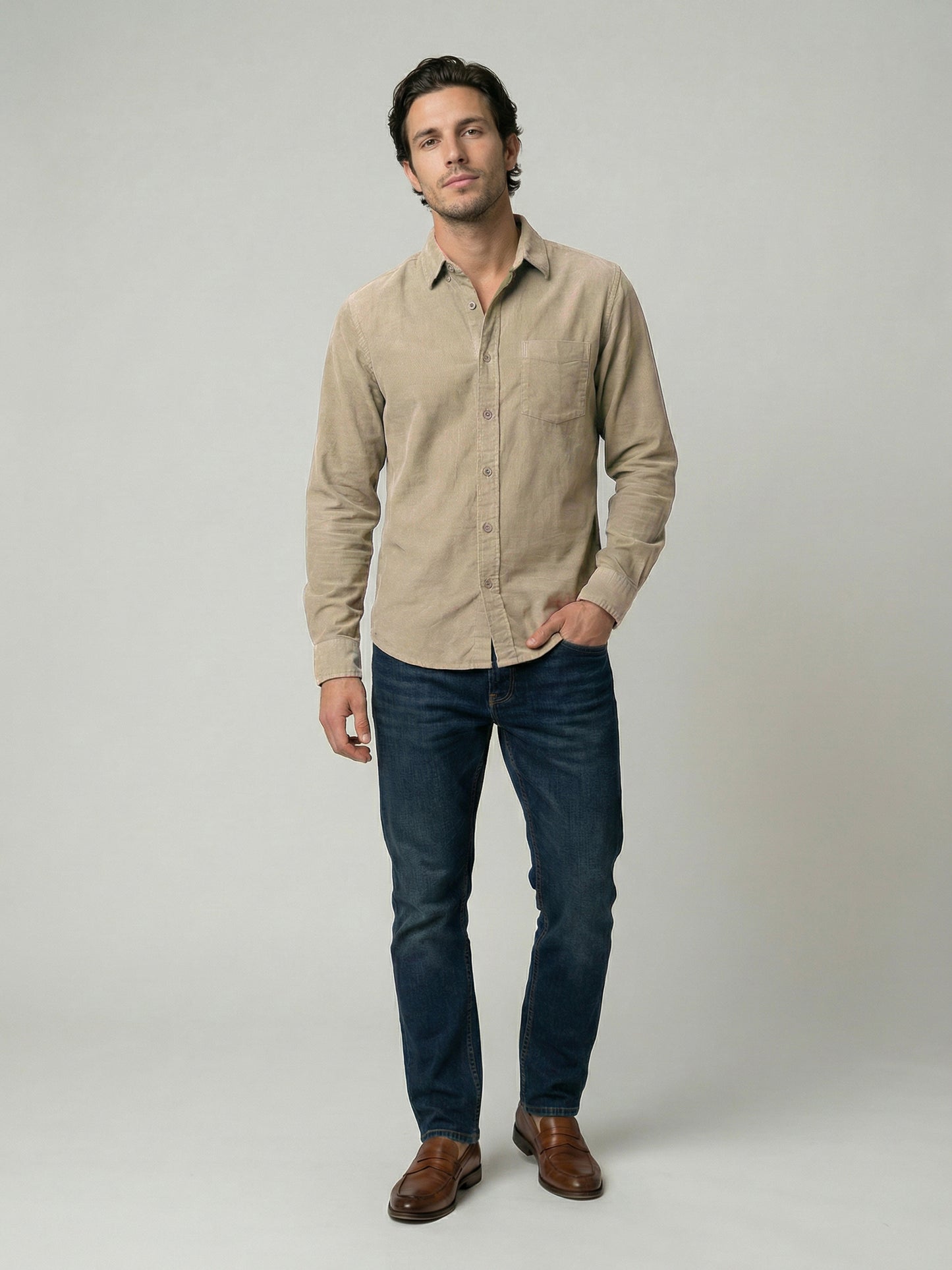 Celio Mens Beige Corduroy Regular Fit Cotton Shirts