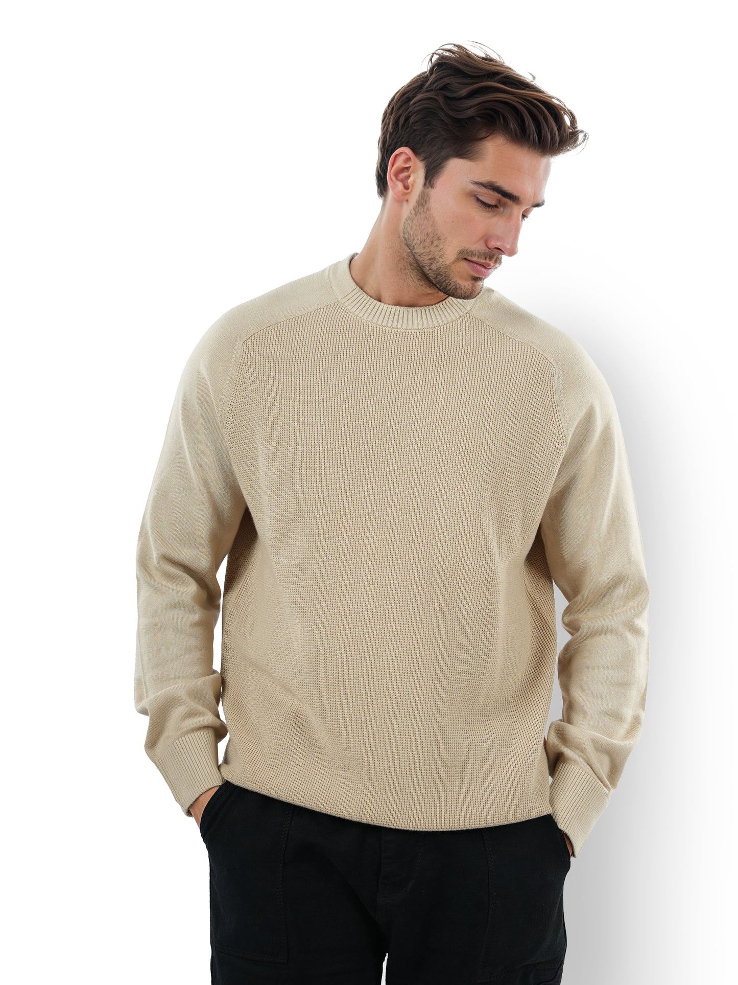 Beige Solid Cotton Sweater