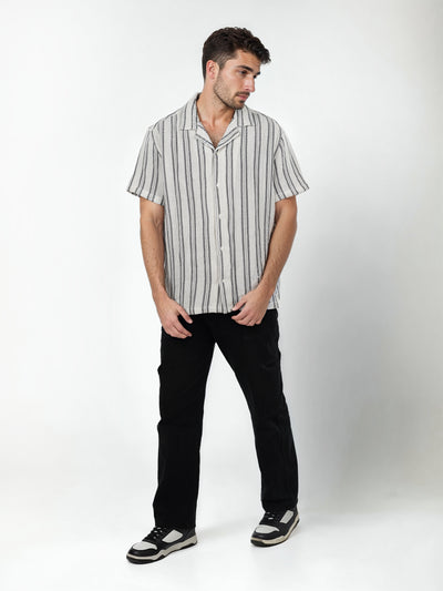Celio* Striped Boxy Fit Cotton Beige Shirt