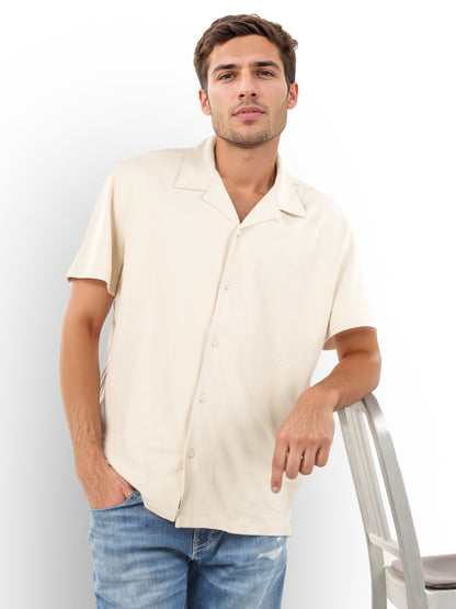 Beige Solid Cotton Shirt