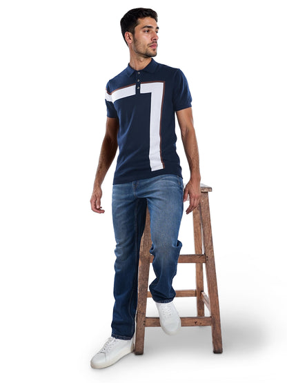 Navy Blue Colourblock Cotton Polo