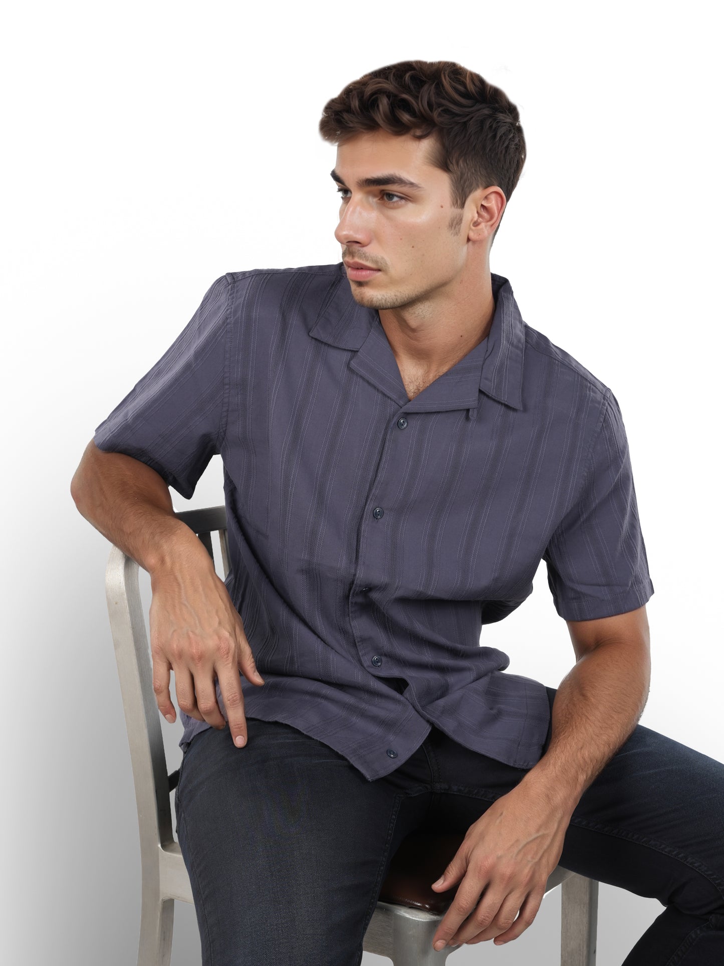 Navy Blue Striped Cotton Shirt