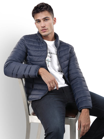 Navy Blue Solid Polyamide Jacket